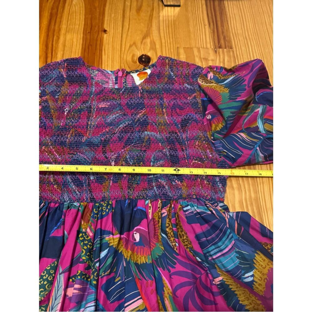 Farm Rio Rainbow Macaws Purple Puff Sleeve Smocked Midi Dress Women's SIZE XS - Picture 9 of 13